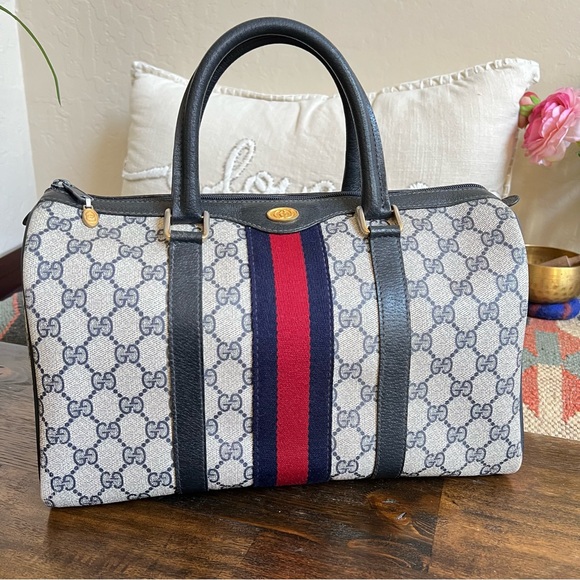 GUCCI Web Sherry Line Navy Boston Bag With Authenticity Cert - Picture 3 of 17